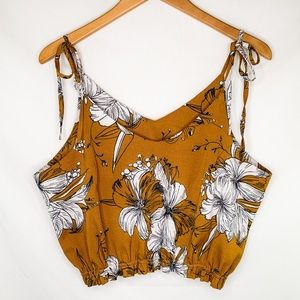 Floral Mustard Tie Strap Crop Top